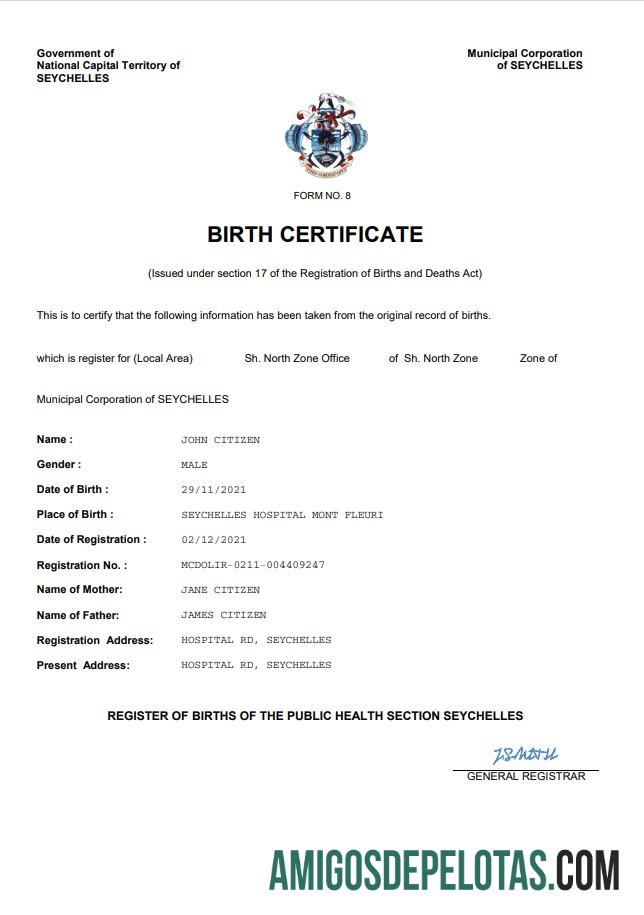 Realista modelo Word e PDF de certidão de nascimento de registro vital de Seychelles